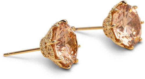 Gold earrings with large peach-colored gemstones and small sparkling stones around them.