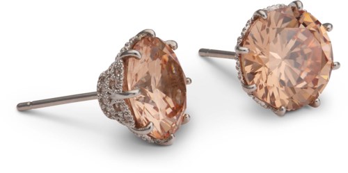 Beautiful earrings with large peach-colored stones and small white stones surrounding them. Simple silver posts.
