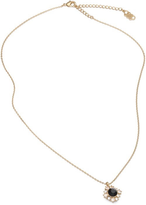 A necklace with a round black stone and clear surrounding crystals on a thin chain.