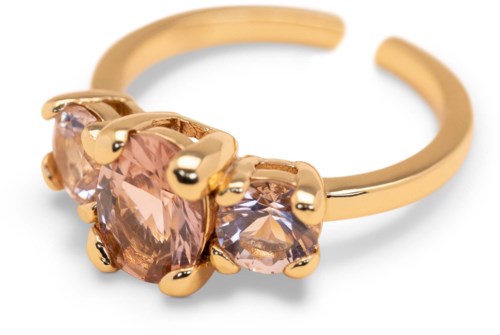 Gold ring with three pink gemstones set in a row, open band with no closure.