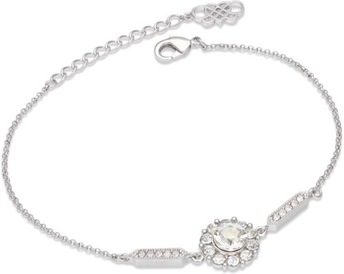 A silver bracelet with a central sparkling stone and smaller stones on the sides, with an adjustable chain and clasp.