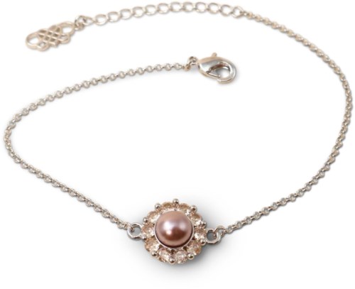 Elegant silver chain bracelet with a central pink pearl surrounded by small clear stones.