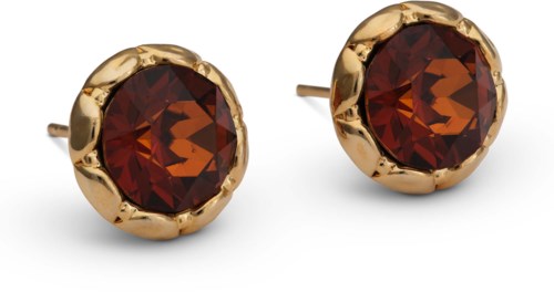Gold stud earrings with large, dark orange-red gemstones in a simple setting.