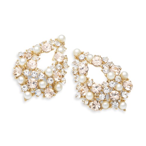 Decorative earrings made of pearls and crystals in a circular shape with gold accents.