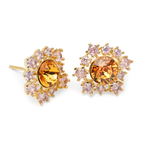 Gold earrings with orange central stones surrounded by pinkish smaller stones.