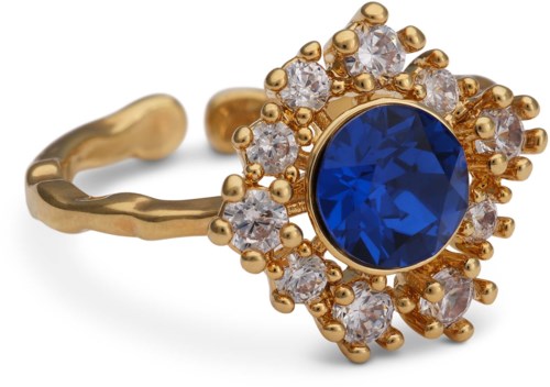 A gold ring with a large blue gemstone surrounded by small clear stones, designed to look like a blooming flower.