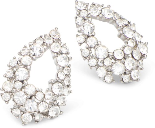 Sparkly silver earrings shaped like open loops with many clear stones.