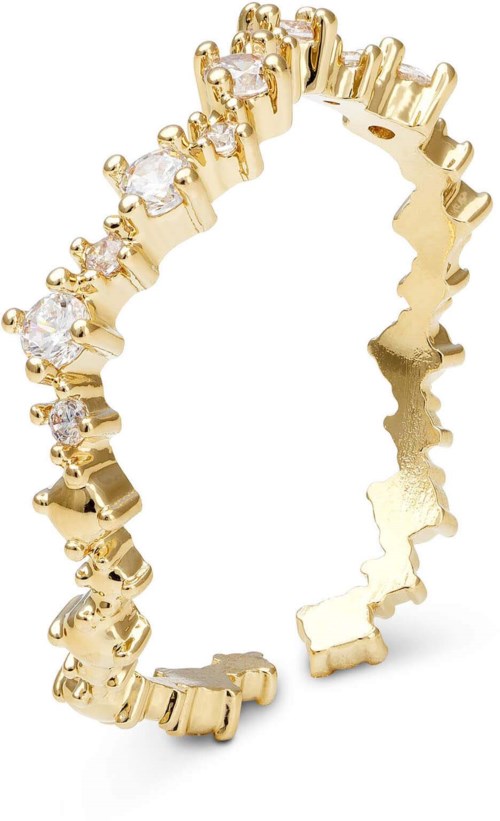 Gold ring with clear gemstones, designed in a simple, elegant style, open at the back.