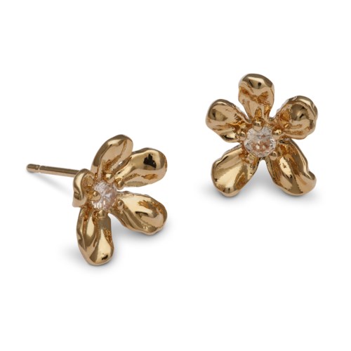 Gold flower-shaped earrings with small clear stones in the center.