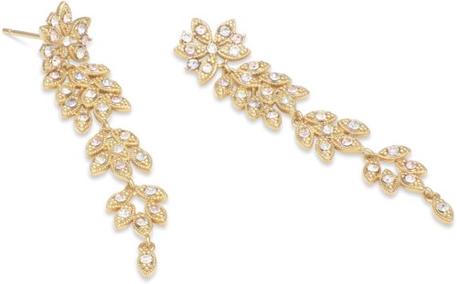 Gold earrings shaped like flowers with many small diamonds, long and elegant.