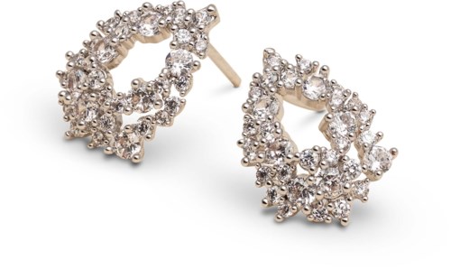 Sparkling gold earrings with many small diamonds arranged in a circular shape.