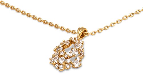 Gold chain with a heart-shaped pendant made of small shiny stones.