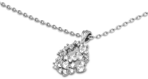 A silver necklace with a heart-shaped pendant covered in small sparkling stones.