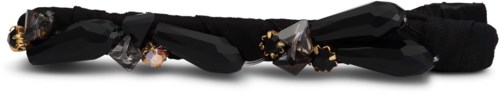 A black fabric strap decorated with black, gold, and colorful beads and stones. It appears to be jewelry or an accessory.