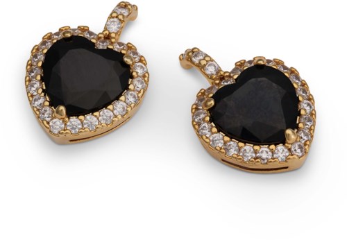 Gold heart-shaped earrings with black stones and small clear stones around the edges.