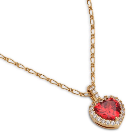 Gold chain with a heart-shaped red gemstone pendant surrounded by small white stones.
