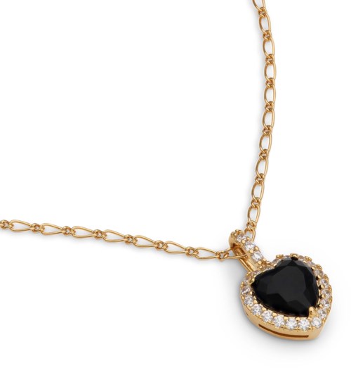 Gold chain necklace with a heart-shaped black stone and small clear stones around it.