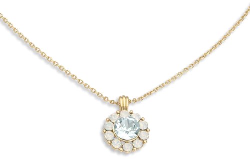 Ett gyllene halsband med en rund hängsmycke. Hängsmycket har en stor central sten omgiven av mindre stenar.