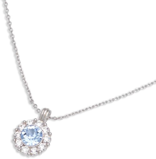 A silver necklace with a round blue gemstone surrounded by small clear stones.