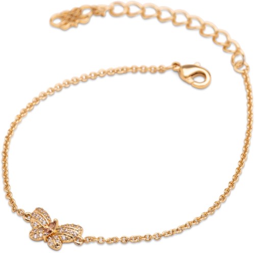 Gold bracelet with a butterfly charm and small embedded stones, with adjustable chain and clasp.