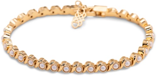 Gold bracelet with white gemstones and decorative links, closes with a small lobster clasp.
