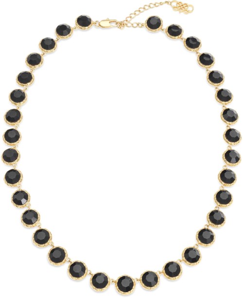A necklace with black stones and gold setting, arranged in a circle with a clasp.