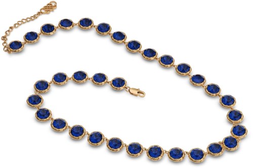 A gold necklace and bracelet with blue stones, displayed on a white background.