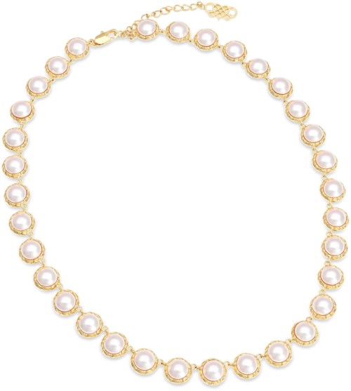 A gold chain necklace with many white pearl-like beads evenly spaced around it.
