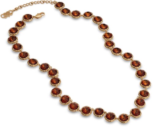 A necklace with round, reddish-brown stones set in gold, with an extension chain and clasp.