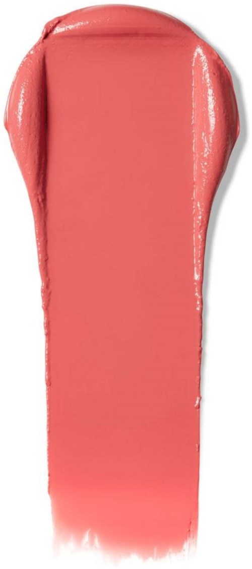 Prøve av korallrosa leppestift med skinnende finish, bred form som smalner mot spissen.