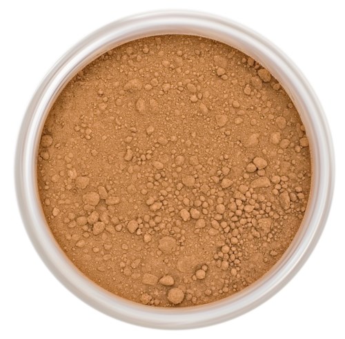 En behållare fylld med brunt pulver, kanske makeup eller krydda. Pulvret är jämnt fördelat med små klumpar.
