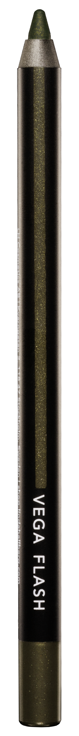En svart penna med orden "VEGA FLASH" på, har en silverspets och står upprätt.