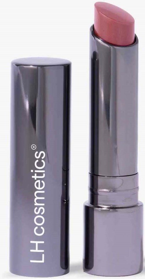 Ein silberner Lippenstift mit rosa Lippenstift, beschriftet mit 'LH Cosmetics'.