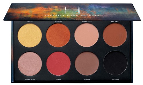 Bunte Lidschattenpalette mit acht Farbtönen, benannt nach Himmels- und Weltraumthemen.
