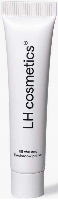 Eine weiße Tube mit der Aufschrift 'L H cosmetics' und Beschreibung als Eyeshadow Primer. Es steht aufrecht.