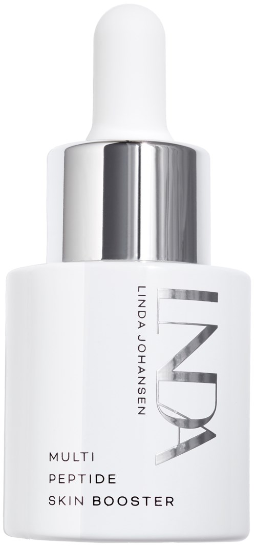 En hvit flaske med pipette inneholder Linda Johansen Multi Peptide Skin Booster. Den har sølvdetaljer og minimalistisk tekst.