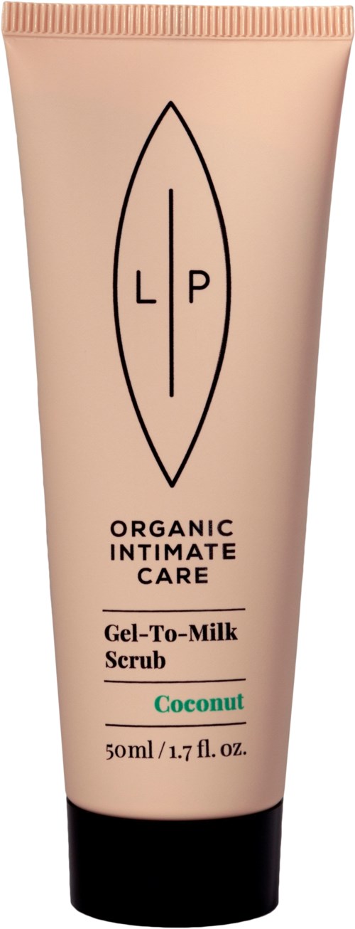 Eine rosa Tube mit der Aufschrift 'Organic Intimate Care Gel-To-Milk Scrub' mit Kokosduft. Es sind 50 ml.