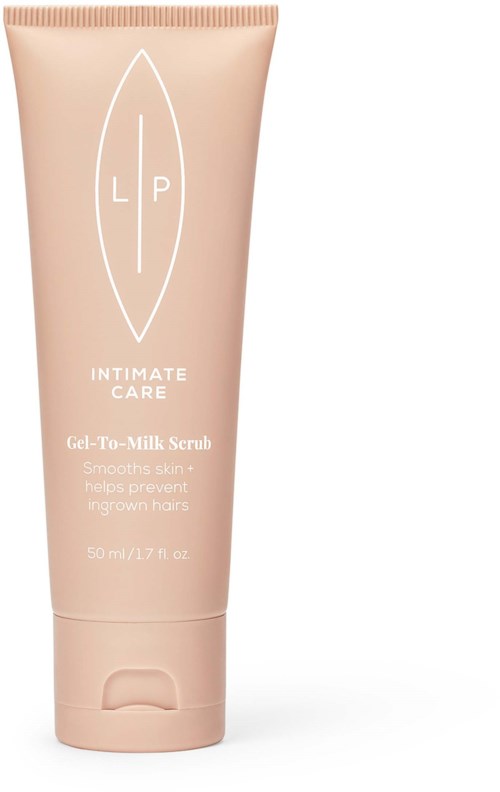 En rosa tube merker sier Gel-To-Milk Serum for intim omsorg, hjelper med å forhindre inngrodde hår, 50 ml størrelse.