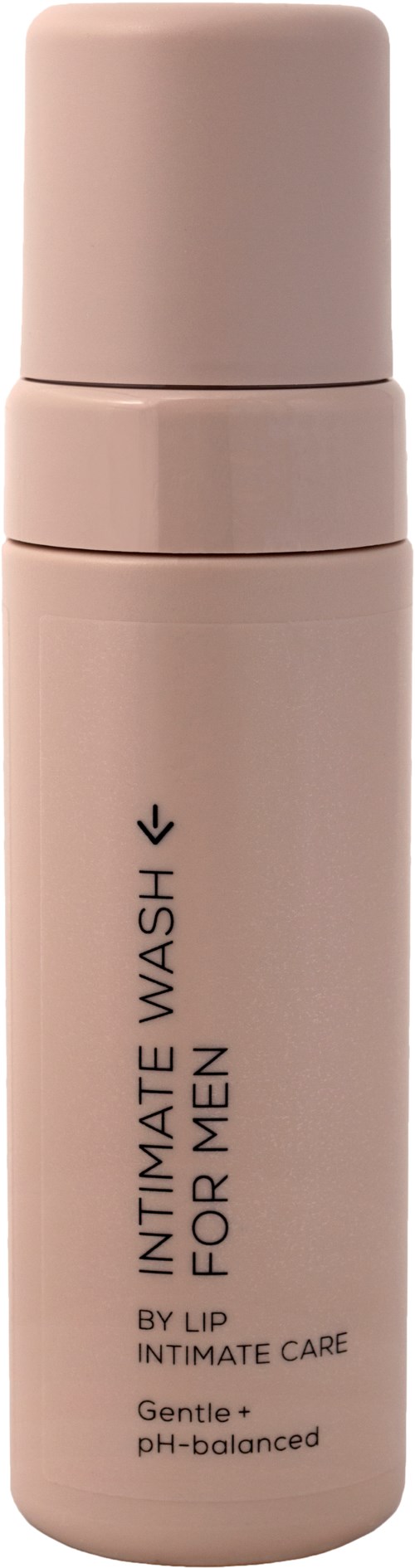 Eine beige, zylindrische Flasche mit der Aufschrift 'Intimate Wash for Men', mit einem schwarzen Pfeil und Text für sanfte, pH-bilanzierte Pflege.