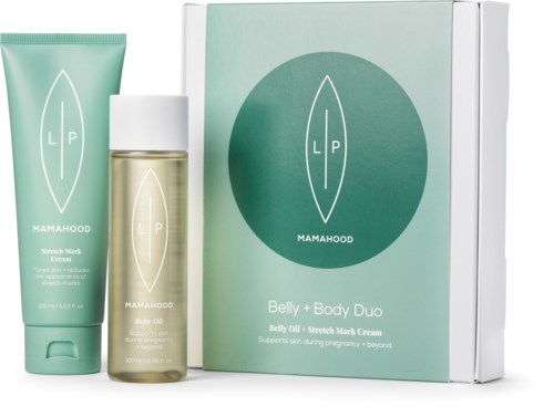 Ein Set aus drei Produkten: eine grüne Tube, eine kleine Flasche mit weißem Deckel und eine Box mit "Belly + Body Duo".