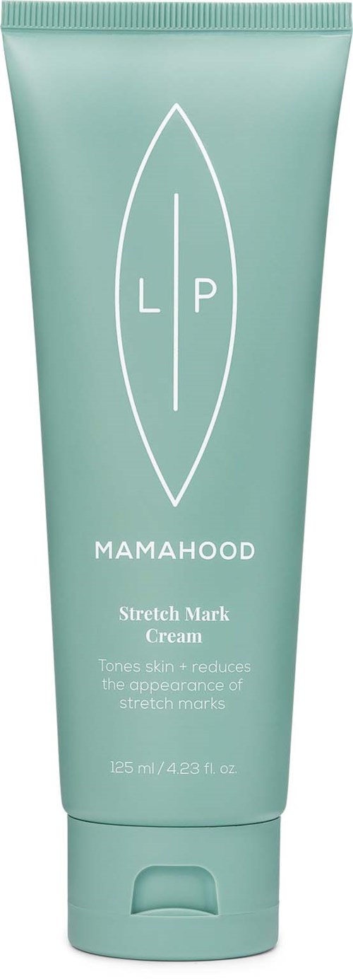 Green tube labeled Mamahood Stretch Mark Cream for skin health and reducing stretch marks.