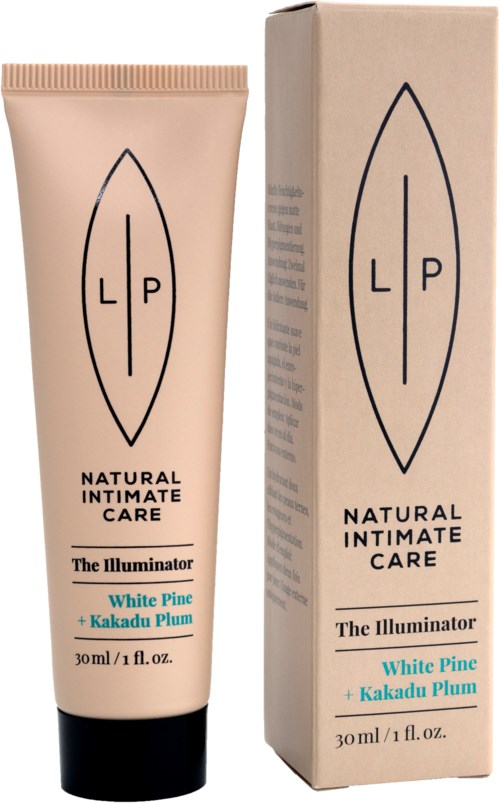 Ein Tubencreme und deren Verpackung, beide mit 'Natural Intimate Care' beschriftet, 'The Illuminator' und Inhaltsstoffe wie Weißkiefer und Kakadu-Feige.