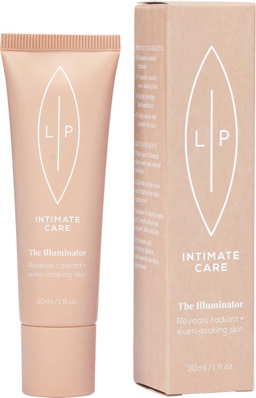 En rosa tube og eske med intimhygieneprodukt kalt The Illuminator, 30 ml, for strålende hud.