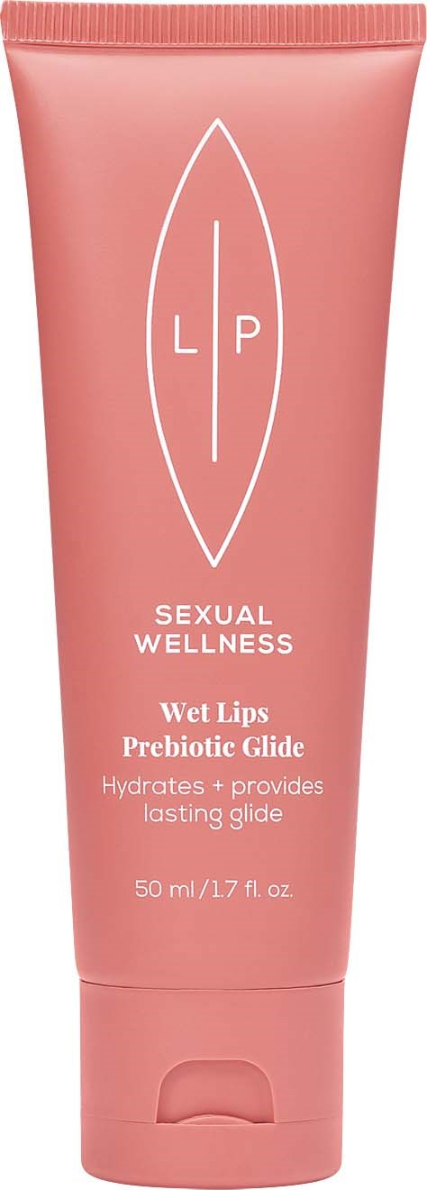 En rosa tube merket Wet Lips Prebiotic Glide for seksuelt velvære og varig glide. Den har en logo og beskrivelse på forsiden.