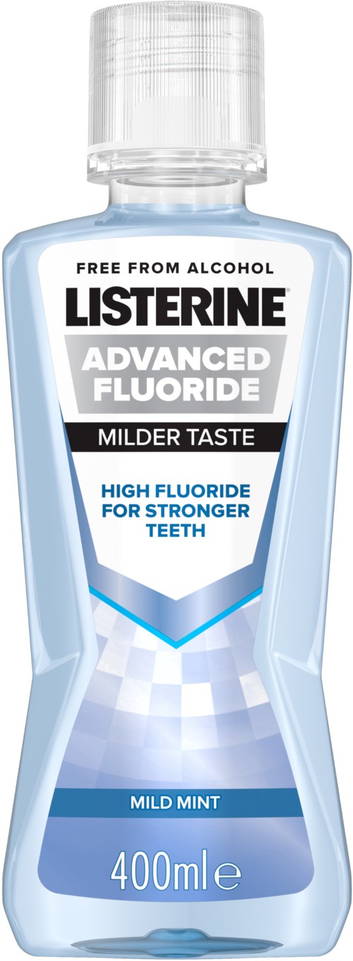 Listerine Mundspülung mit blauer Flüssigkeit, für starke Zähne, 400 ml, alkoholfrei.