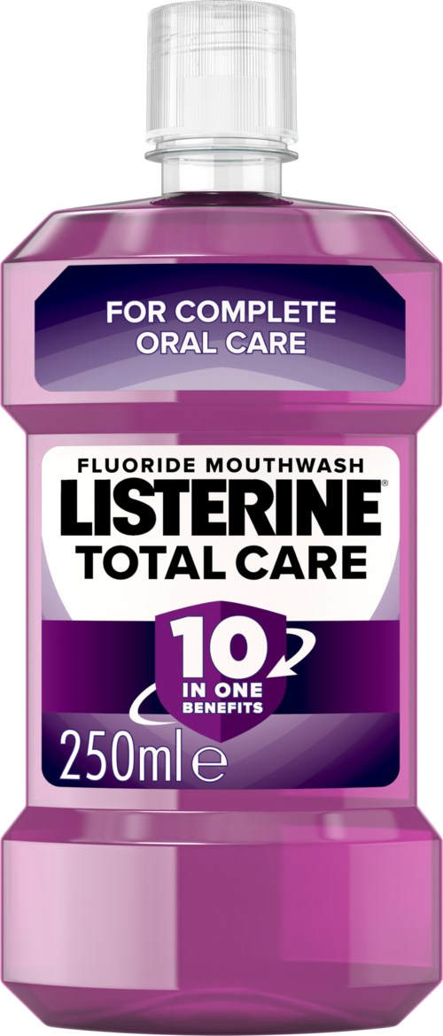 A purple Listerine mouthwash bottle with a clear cap, labeled for complete oral care, 250ml size, highlighting 10 benefits.