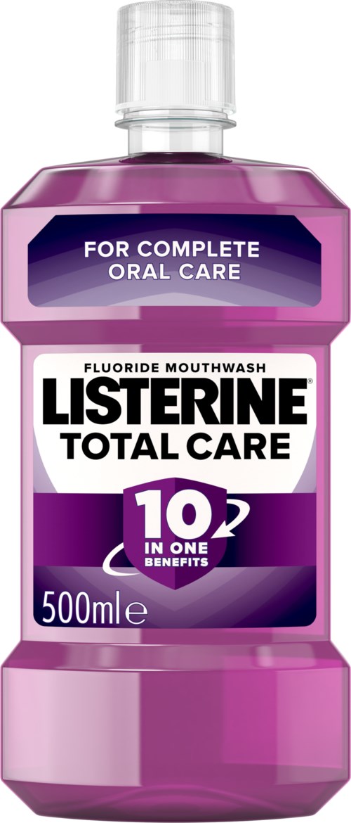 A purple bottle of Listerine mouthwash, 500ml, promotes complete oral care with 10 benefits in one.