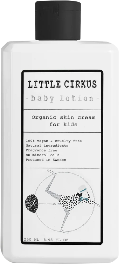 Een witte fles met label 'LITTLE CIKKUS baby lotion' met een illustratie van een hond en een bal, voor kinderhuid.