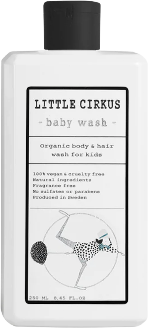Een witte babywasfles met zwarte dop, label toont een circusdier en informatie over biologische, veganistische en natuurlijke ingrediënten.