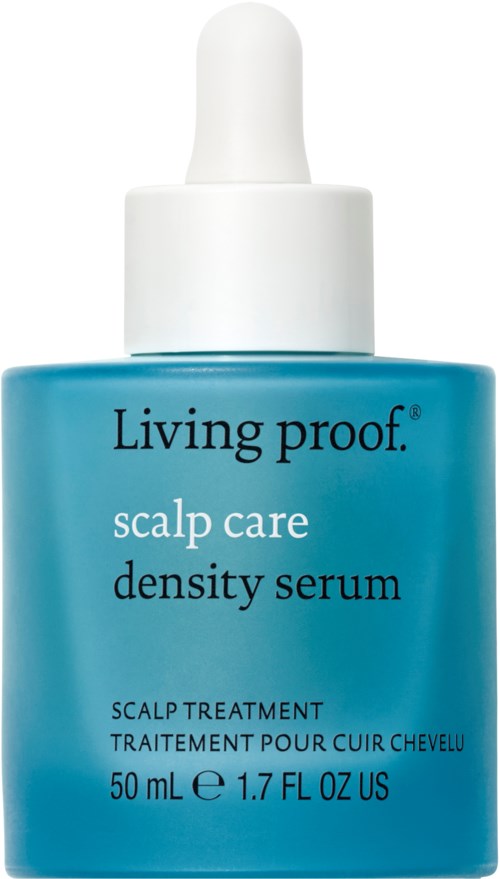 A blue bottle of Living Proof scalp care density serum with a white dropper cap.